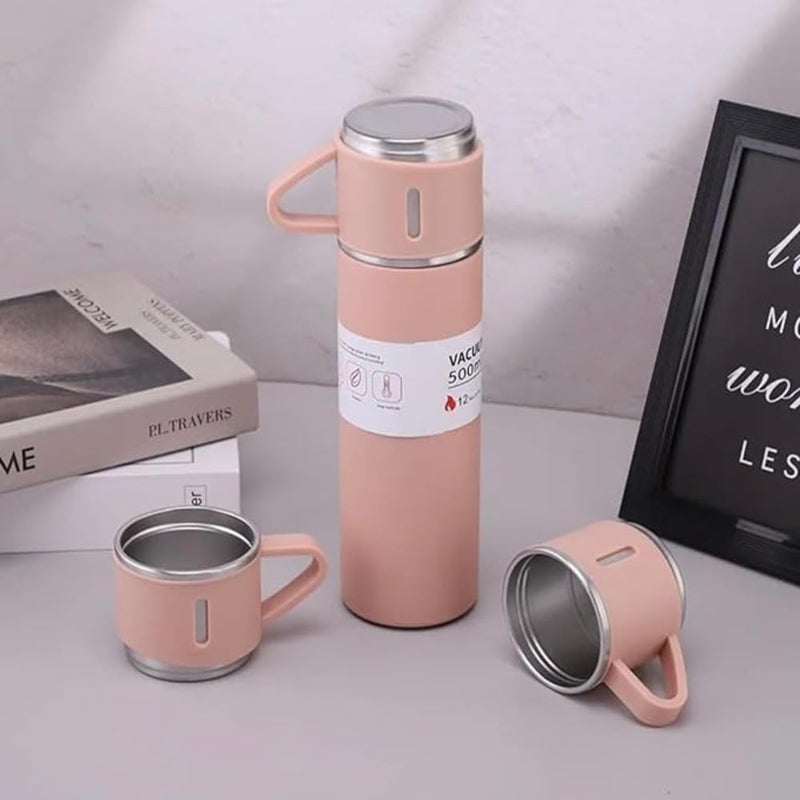 coku Coku Vacuum Flask Set with 2 Cups Water Bottle 12 Hrs Hot Cold Leakproof Rustproof Double Wall Steel Thermo Bottle Insulated Couple Cups Flask Gift Set with 3 Steel Mugs Random Color - Image 3