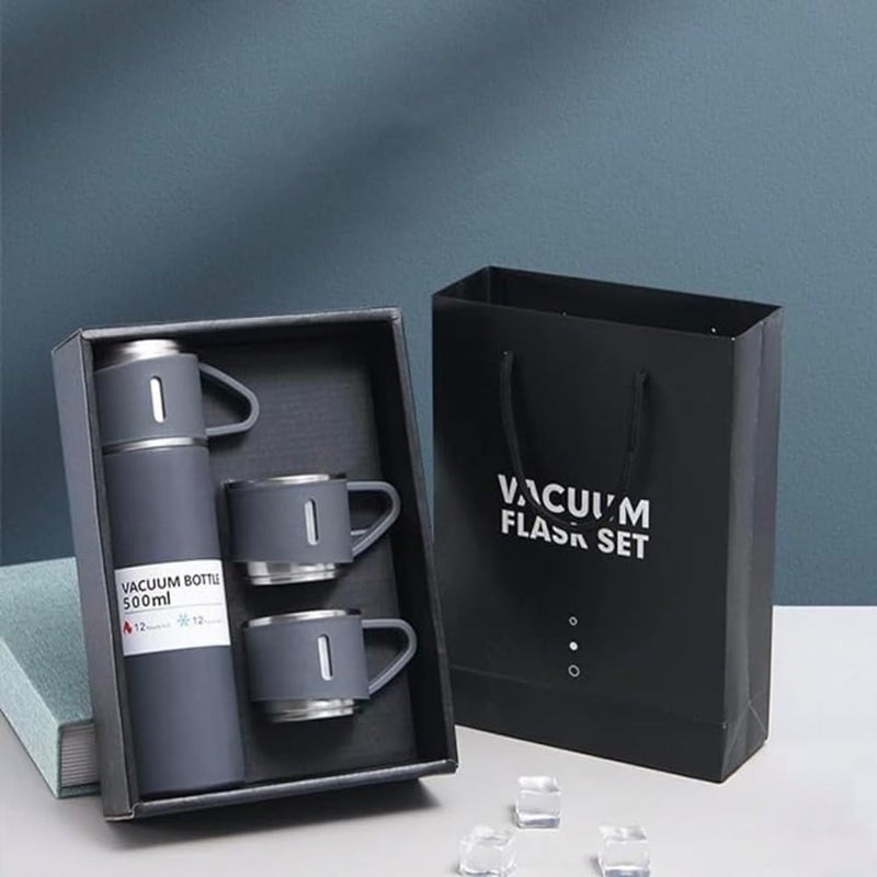 coku Coku Vacuum Flask Set with 2 Cups Water Bottle 12 Hrs Hot Cold Leakproof Rustproof Double Wall Steel Thermo Bottle Insulated Couple Cups Flask Gift Set with 3 Steel Mugs Random Color - Image 1