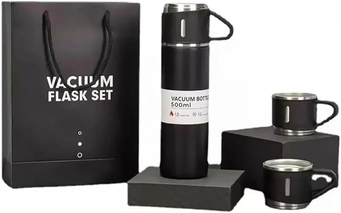 coku Coku Vacuum Flask Set with 2 Cups Water Bottle 12 Hrs Hot Cold Leakproof Rustproof Double Wall Steel Thermo Bottle Insulated Couple Cups Flask Gift Set with 3 Steel Mugs Random Color - Image 4