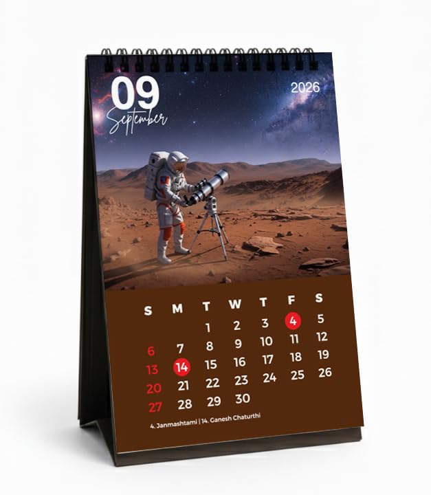 AccuPrints Space Theme Desk Calendar 2026 | Spiral Bound Standing Table Calendar | 5.5 x 8.5 Inch (14 x 22 cm) | Monthly Desktop Calendar for Office, Home & Gifting - Image 1