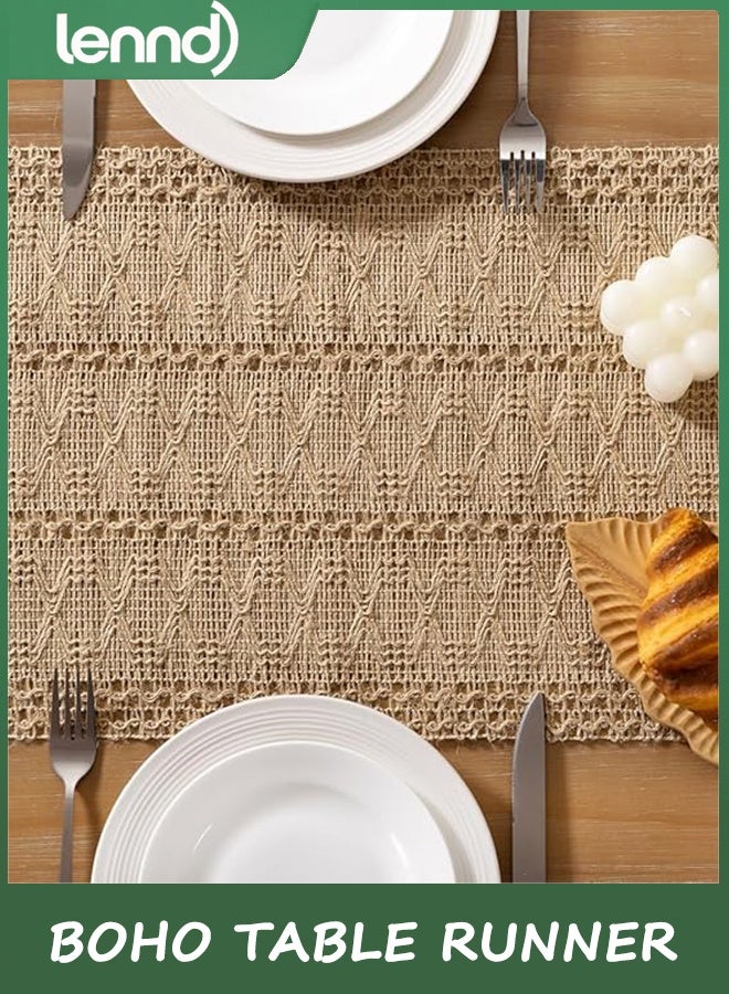 LENND Boho Table Runner Summer Farmhouse Burlap Jute Bamboo Rustic Dining Kitchen Centerpiece Decor Small Macrame Woven Coffee Table Runner for Dresser Scarf Home Decor 30x180 cm - Image 4