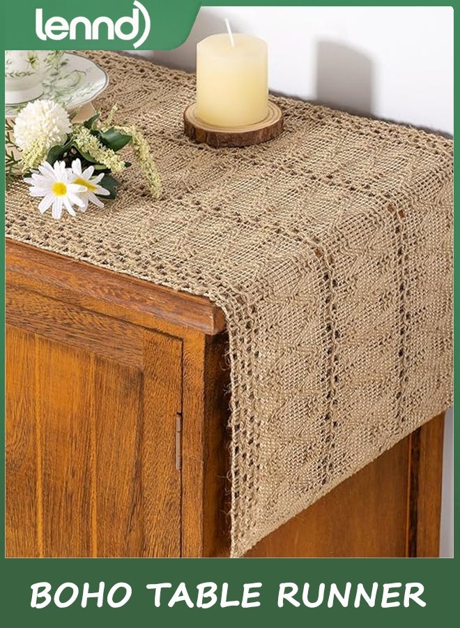 LENND Boho Table Runner Summer Farmhouse Burlap Jute Bamboo Rustic Dining Kitchen Centerpiece Decor Small Macrame Woven Coffee Table Runner for Dresser Scarf Home Decor 30x180 cm - Image 1