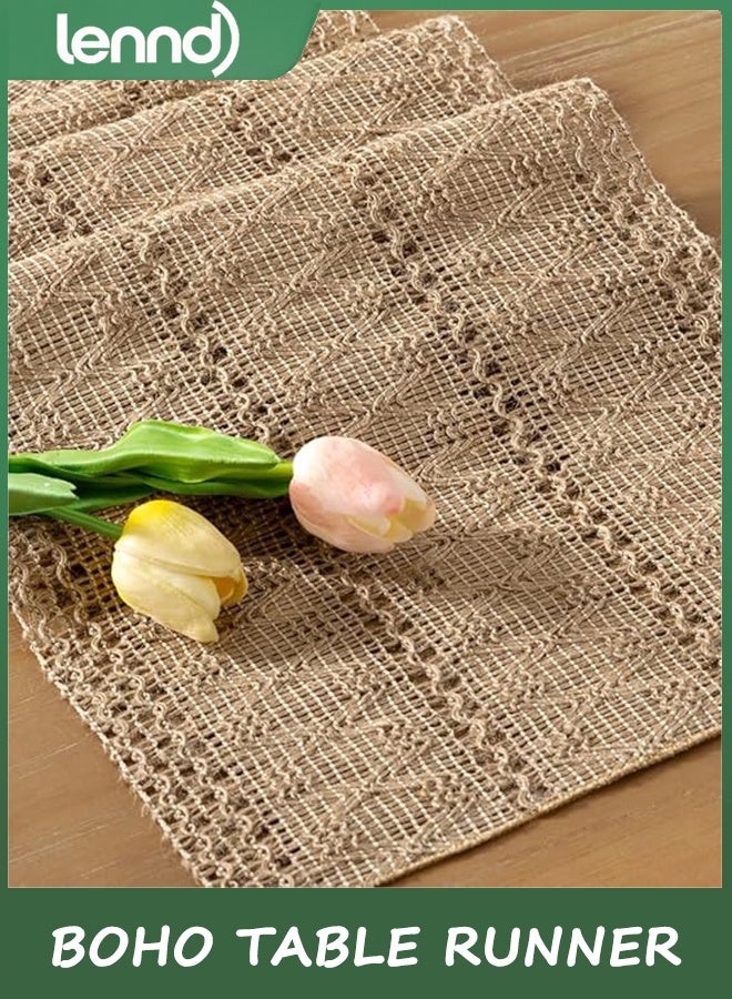 LENND Boho Table Runner Summer Farmhouse Burlap Jute Bamboo Rustic Dining Kitchen Centerpiece Decor Small Macrame Woven Coffee Table Runner for Dresser Scarf Home Decor 30x180 cm - Image 3