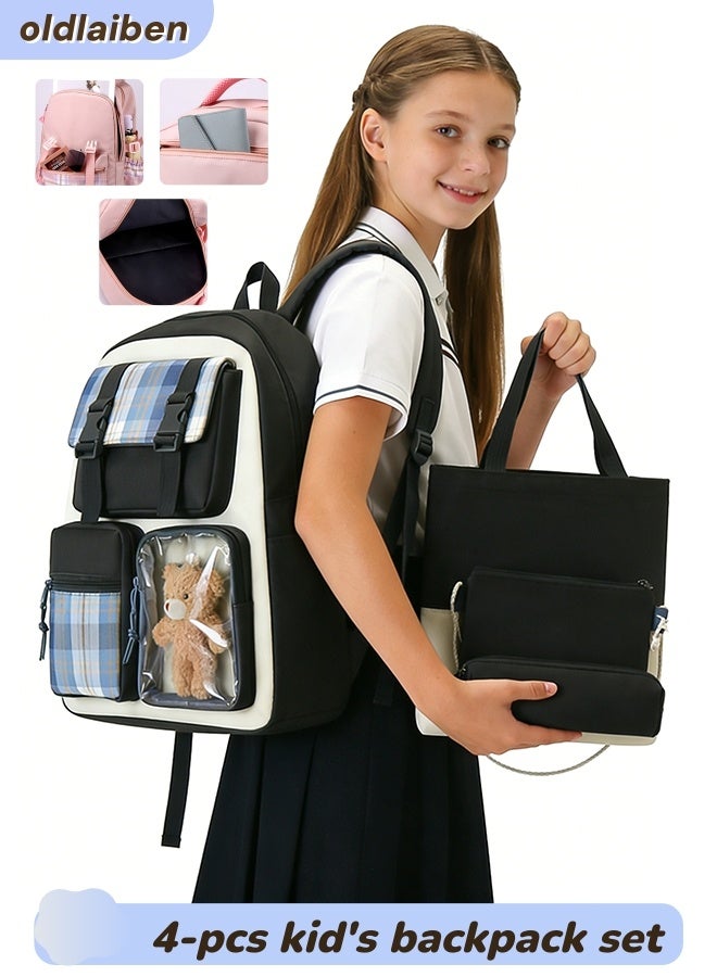 الدليبن طقم حقائب ظهر للأطفال مكون من 4 قطع، حقائب مدرسية للأطفال، حقائب ظهر مدرسية لطيفة، حقيبة ظهر متعددة الجيوب، حقائب مدرسية للأطفال من المرحلة الابتدائية والمتوسطة، سعة كبيرة، حقيبة للدراسة، حقيبة كروس، مقلمة، طقم من 4 قطع (أسود) - Image 1