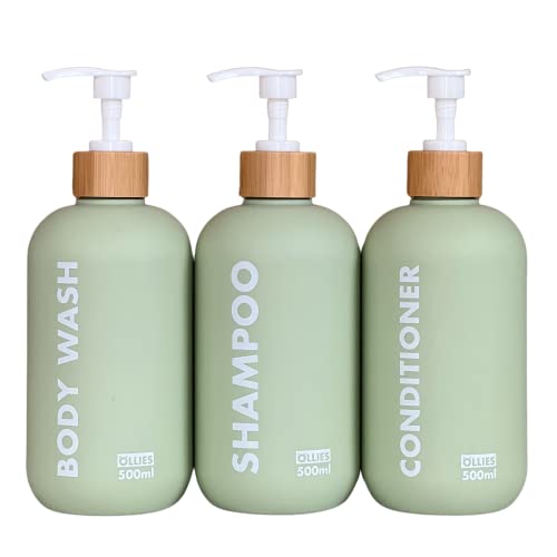 OLLIES Shampoo and Conditioner Dispenser, Shower Soap Dispenser for Bathroom-Set of 3 with Permanent Stylish Label-17oz, 500ml Refillable Shampoo and Conditioner Bottles Green - Image 1