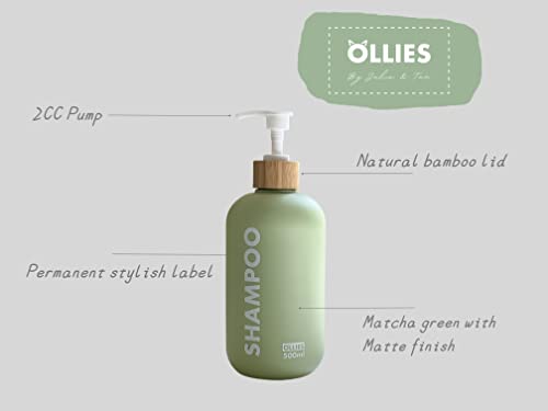OLLIES Shampoo and Conditioner Dispenser, Shower Soap Dispenser for Bathroom-Set of 3 with Permanent Stylish Label-17oz, 500ml Refillable Shampoo and Conditioner Bottles Green - Image 3