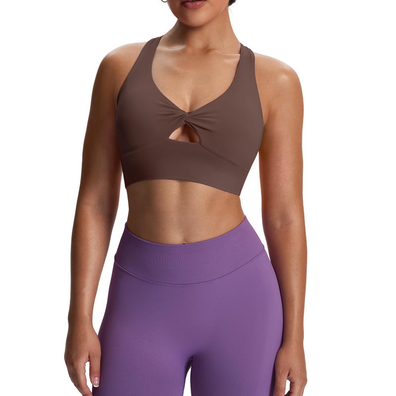 Aoxjox Women's Workout Sports Bras Twist Front Fitness Training Gym Bra Yoga Crop Lola Tank (Fudge Coffee, Medium) - Image 1