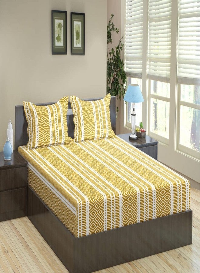 Trance Home Linen 200TC 100% Cotton 84"x72" Elastic Fitted Bedsheet Cal.King Bed Size | Printed Fitted Sheet | Elasticated Fitted Bedspread with 2 Pillow Covers (84x72 inch, Aztec Mustard)