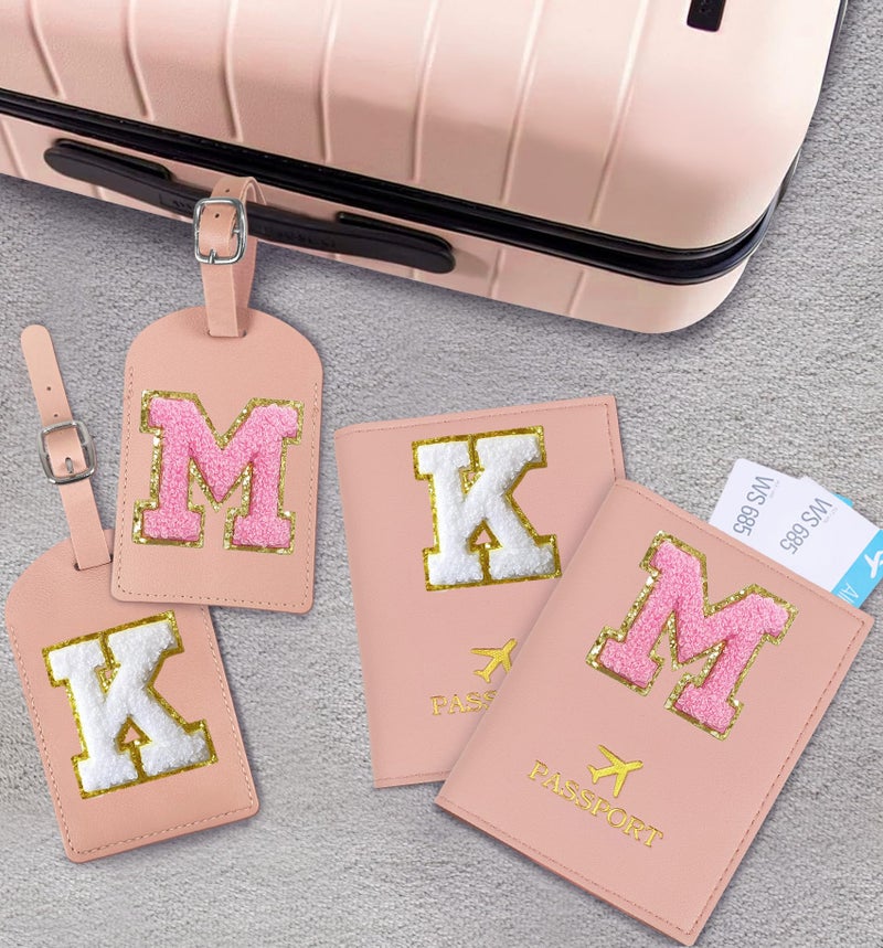 COSHAYSOO Passport Cover and Luggage Tag Set with Her Initial Chenille Letter Patch, Fashionable Travel Bag Backpack Suitcase Identifier Gifts for Granddaughter Grandma Mother Pink L - Image 5