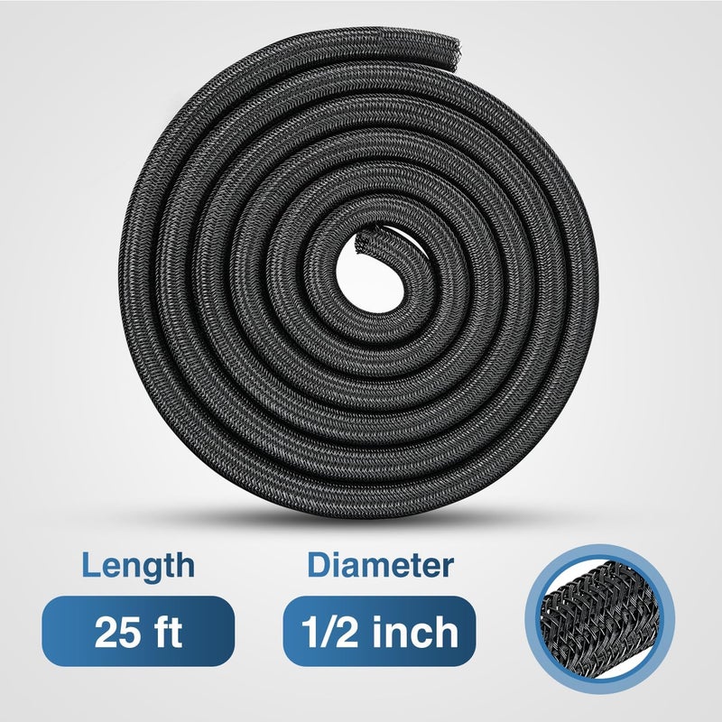 Nilight Cable Sleeve, 25ft-1/2inch Cable Management Sleeves, Braided Cable Sleeving, Split Self Wrapping Wire Loom for Computer Cable Electrical Wire Automotive Harness Protector Organizer, Black - Image 2