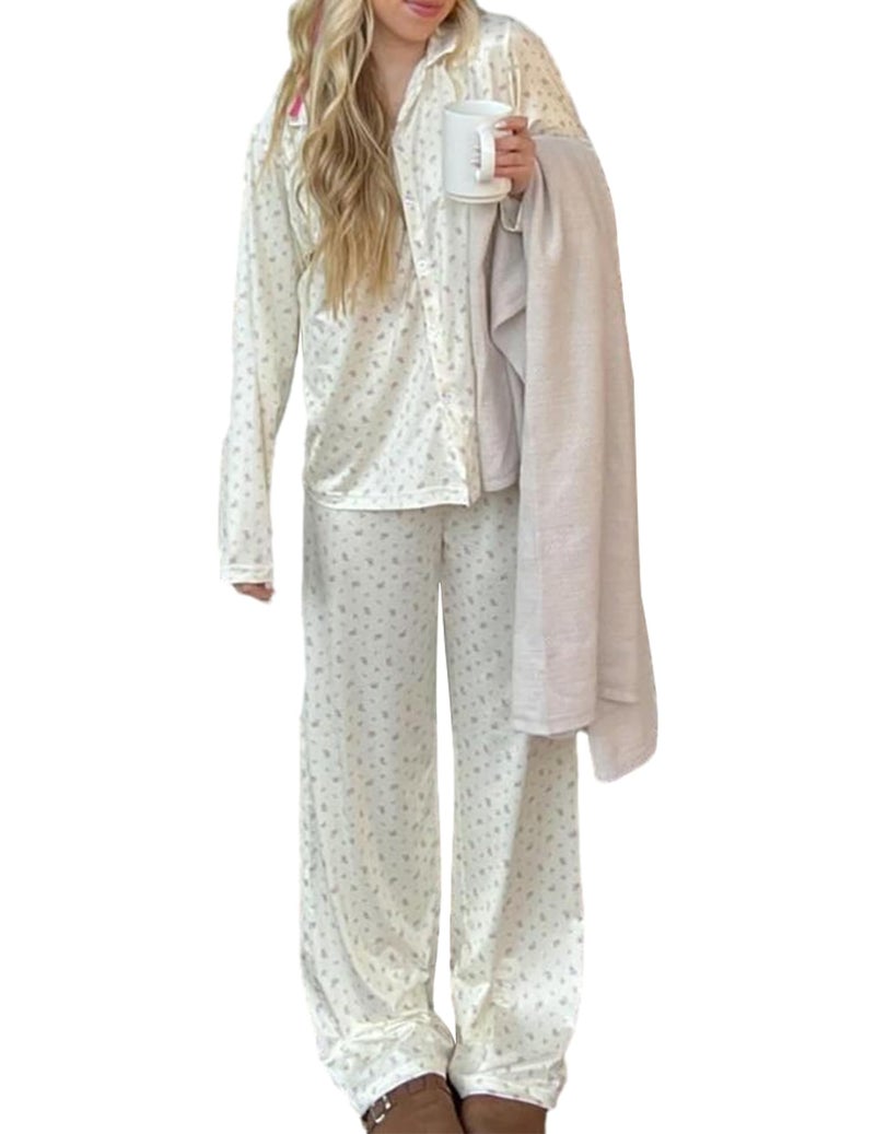 FHNUVB Women 2 Piece Floral Pajama Set Button Down Long Sleeve Wide Leg Fruit Set Cute Pjs Y2K Loungewear Sleepwear SXL