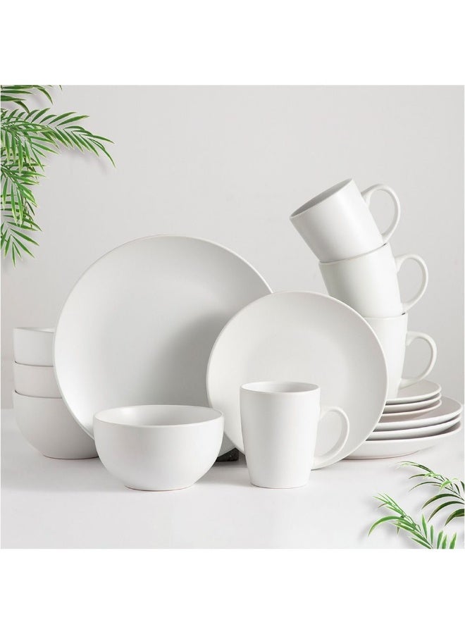DANUBE HOME Radiance 16-Piece Matt Glazed Dinner Set - White Stoneware, Serves 4, Includes 4 Dinner Plates (27CM), 4 Side Plates (19CM), 4 Bowls (14CM), 4 Mugs (330ML) - Ideal for Any Kitchen