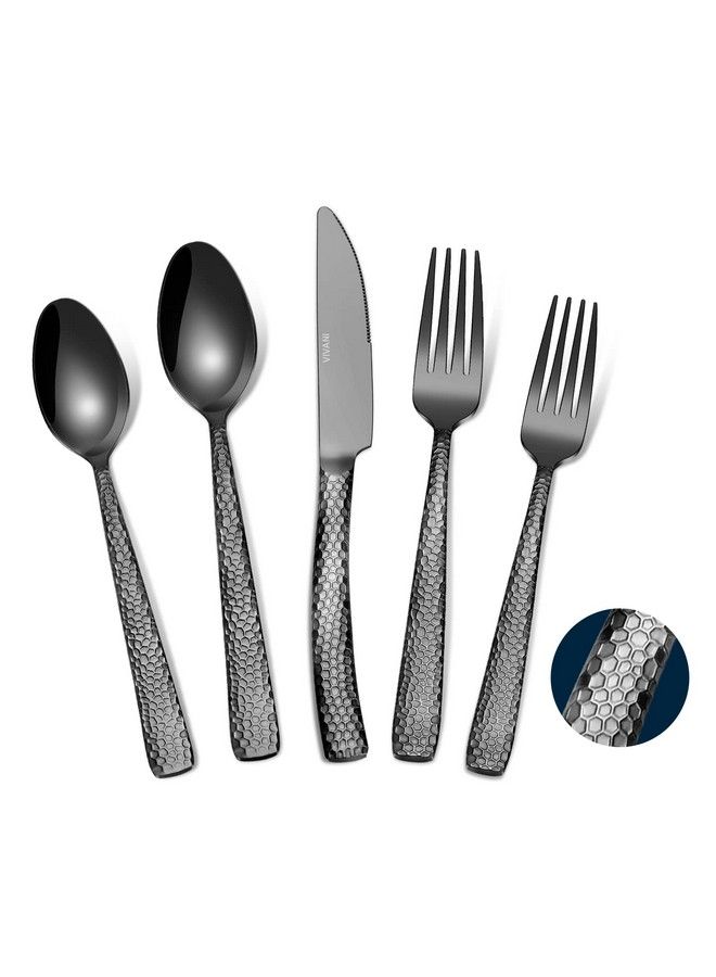 Vivani Black Hammered Silverware Set For 4 Vivani 20Piece Gunmetal Thicken Silverware Stainless Steel Black Utensil Set Forged Flatware Set Cutlery Set For Home Party Hotel  - Image 1