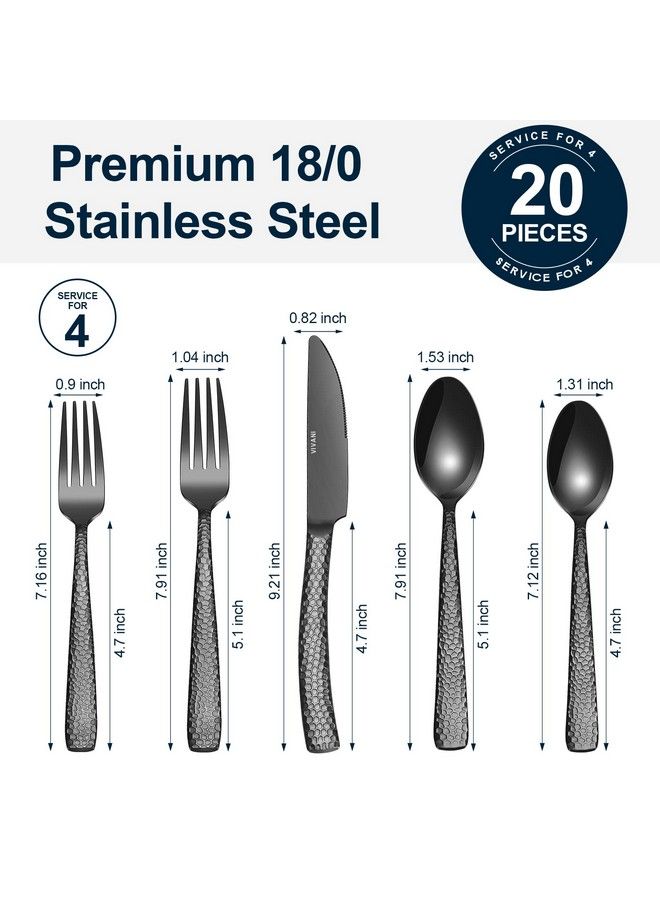 Vivani Black Hammered Silverware Set For 4 Vivani 20Piece Gunmetal Thicken Silverware Stainless Steel Black Utensil Set Forged Flatware Set Cutlery Set For Home Party Hotel  - Image 3