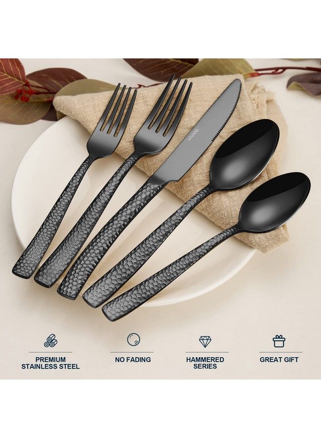 Vivani Black Hammered Silverware Set For 4 Vivani 20Piece Gunmetal Thicken Silverware Stainless Steel Black Utensil Set Forged Flatware Set Cutlery Set For Home Party Hotel  - Image 4