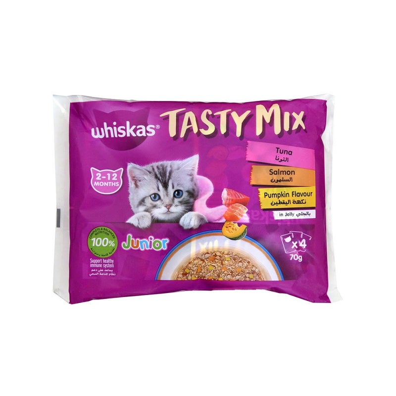 ويسكاس Whiskas Tasty Mix Tuna and Salmon in Jelly Wet Kitten Food Multipack - 70g x 4