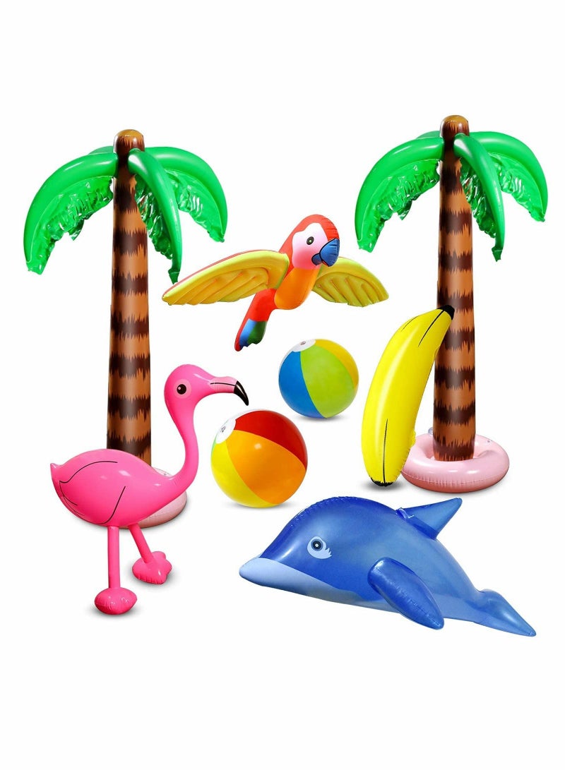 Hawaiian Party Toys Set, 8Pcs Inflatable Palm Trees Flamingos Toys Inflatable Banana Beach Balls Inflatable Dolphin for Hawaii Party Summer Party Decor Beach Pool Backdrop Pool Party Supplies - Image 1