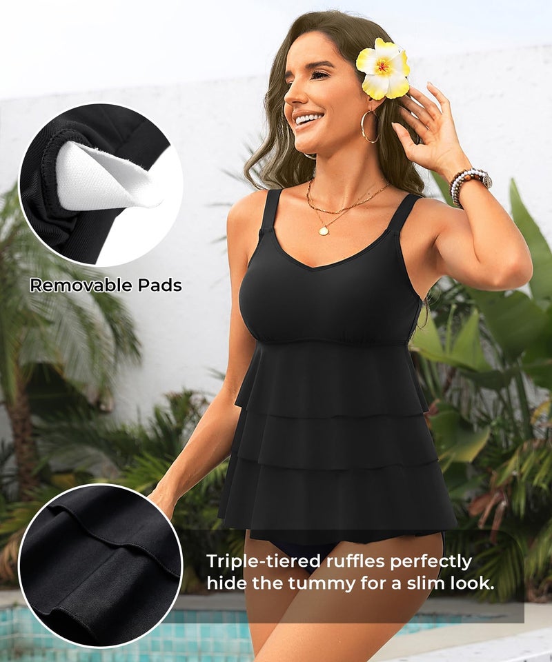 Tempt Me Tankini Tops for Women 2025 - Black Tummy Control Ruffle Tier Swim Top Only Modest Bathing Suit Top No Bottom M - Image 3