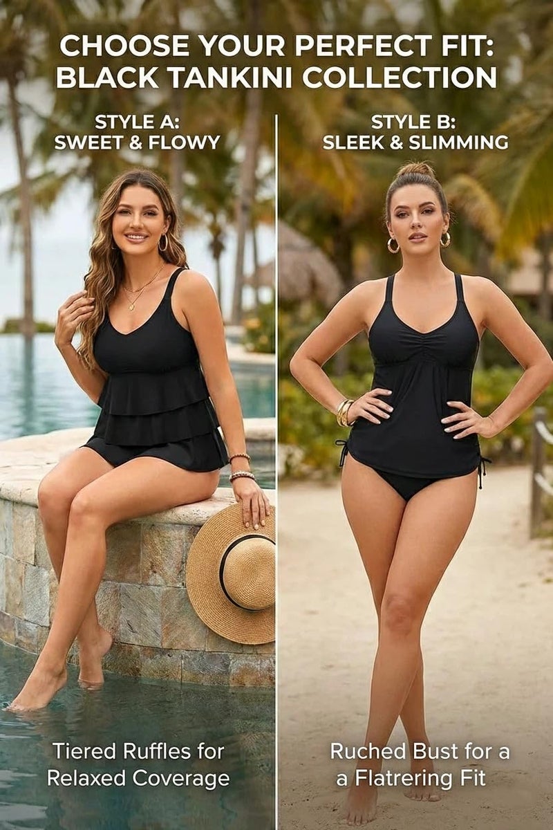 Tempt Me Tankini Tops for Women 2025 - Black Tummy Control Ruffle Tier Swim Top Only Modest Bathing Suit Top No Bottom M - Image 5