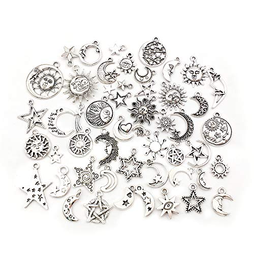 WOCRAFT 100 pcs Craft Supplies Mixed Antique Silver Sun Moon Stars Charms Pendants for Crafting Jewelry Findings Making Accessory for DIY Necklace Bracelet (M417) - Image 2