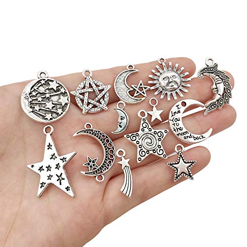 WOCRAFT 100 pcs Craft Supplies Mixed Antique Silver Sun Moon Stars Charms Pendants for Crafting Jewelry Findings Making Accessory for DIY Necklace Bracelet (M417) - Image 3