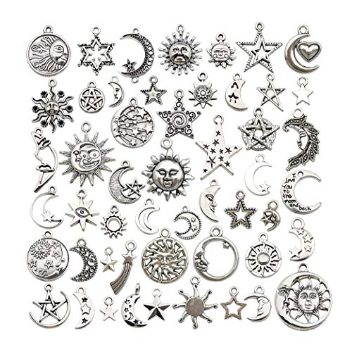 WOCRAFT 100 pcs Craft Supplies Mixed Antique Silver Sun Moon Stars Charms Pendants for Crafting Jewelry Findings Making Accessory for DIY Necklace Bracelet (M417) - Image 1