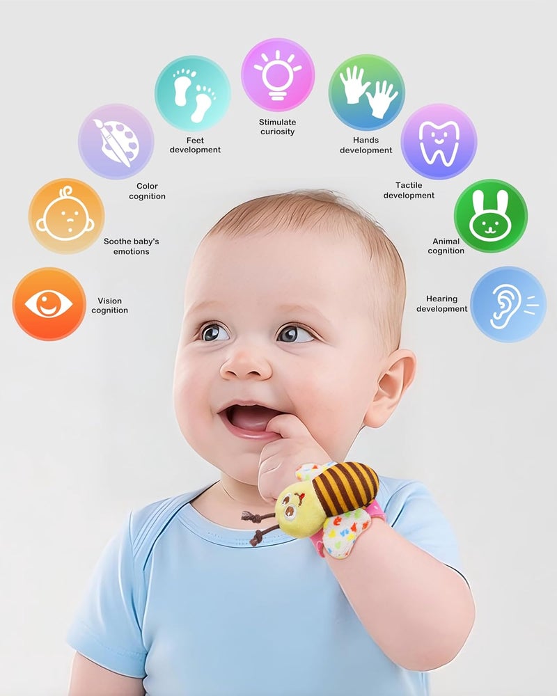 BLOOBLOOMAX Soft Baby Rattle Wrist Rattle Foot Finder Socks Set,Cotton and Plush Stuffed Infant Toys,Birthday Holiday Birth Present Gift for Newborn Boy Girl Kids Toddler (8pcs-B Set) - Image 5
