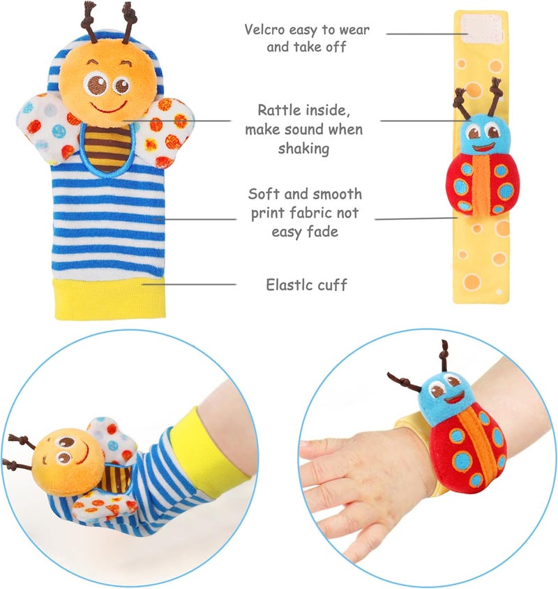 BLOOBLOOMAX Soft Baby Rattle Wrist Rattle Foot Finder Socks Set,Cotton and Plush Stuffed Infant Toys,Birthday Holiday Birth Present Gift for Newborn Boy Girl Kids Toddler (8pcs-B Set) - Image 2