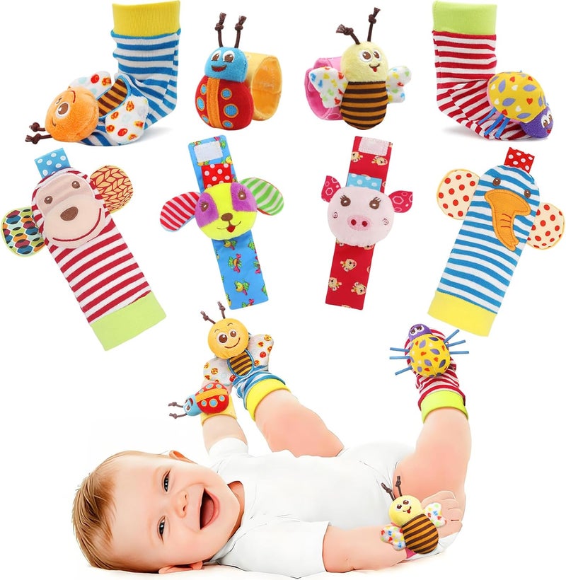 BLOOBLOOMAX Soft Baby Rattle Wrist Rattle Foot Finder Socks Set,Cotton and Plush Stuffed Infant Toys,Birthday Holiday Birth Present Gift for Newborn Boy Girl Kids Toddler (8pcs-B Set) - Image 1