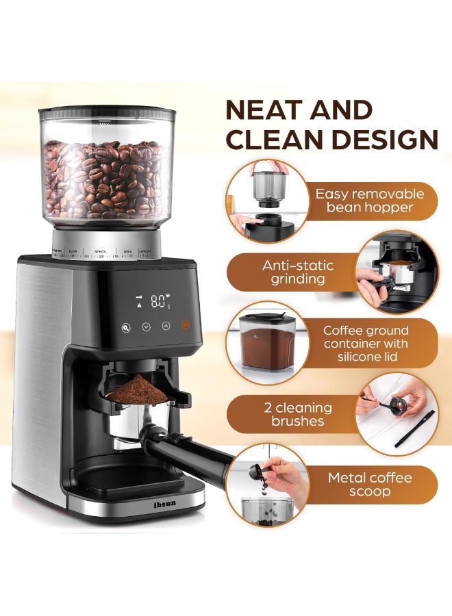 ibsun Conical Burr Espresso Coffee Grinder with Precision Timer 2.0 with 51 Precise Settings for Home Use, Anti-Static, Stainless Steel V60 - Image 5