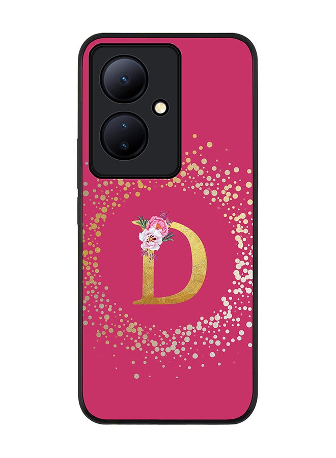 Stylizedd Rugged Black edge case for Vivo V29 Lite, Slim fit Thin Cover- Custom Monogram Initial Letter Floral Pattern Alphabet- D (Deep Pink rose) - Image 1