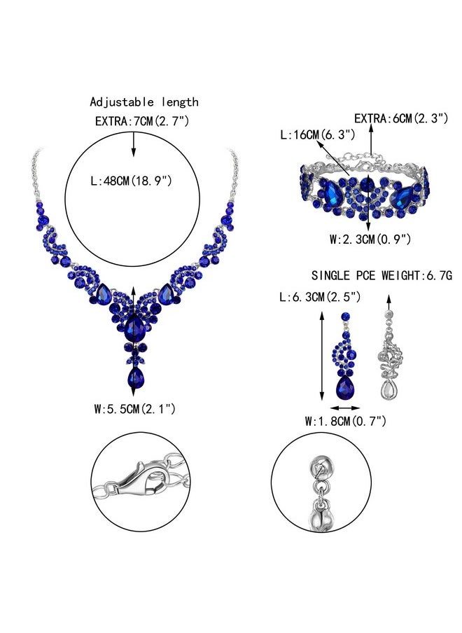 EVER FAITH Rhinestone Crystal Bridal Party Jewelry Set Art Deco Vintage Floral Teardrop Necklace Earrings Bracelet Navy Blue Silver-Tone  - Image 4