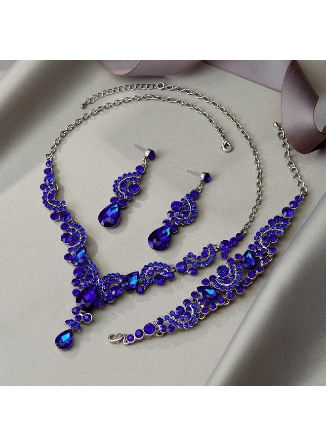 EVER FAITH Rhinestone Crystal Bridal Party Jewelry Set Art Deco Vintage Floral Teardrop Necklace Earrings Bracelet Navy Blue Silver-Tone  - Image 3
