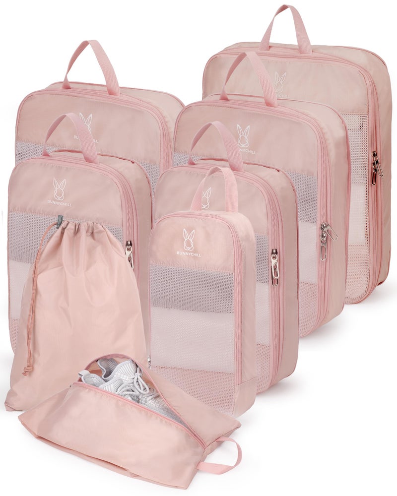 Bunnychill 8 Set Compression Packing Cubes for Travel Bunnychill Portable Zipper Packing Cube for Cloting Expandable Space Saver Storage Luggage Organizer Bags for SuitcasesPink - Image 2
