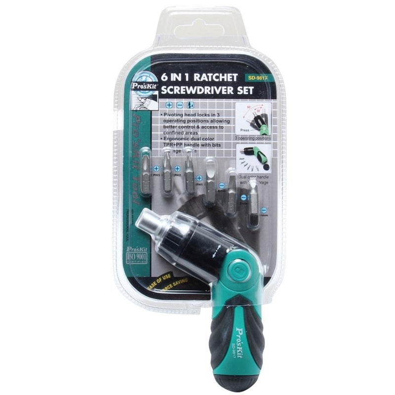 Proskit SD9817 Steel 6 in 1 Ratchet Screwdriver Set Multicolour - Image 1