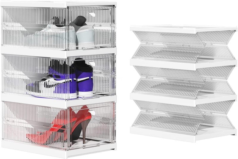 PROSFIA Transparent Rectangular Plastic Foldable Shoe Storage Boxes 3 Layers 3 Compartments 100 lbs Capacity Easy Installation Space Saving Water Resistant 344 x 254 x 539 Centimeters