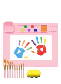 Silicone Craft Mat with Detachable Cleaning Cup, Painting Mat, Non-Stick Art for Resin Crafts 10 Brushes, Sponge, Painting, Art, Clay, DIY (Pink)