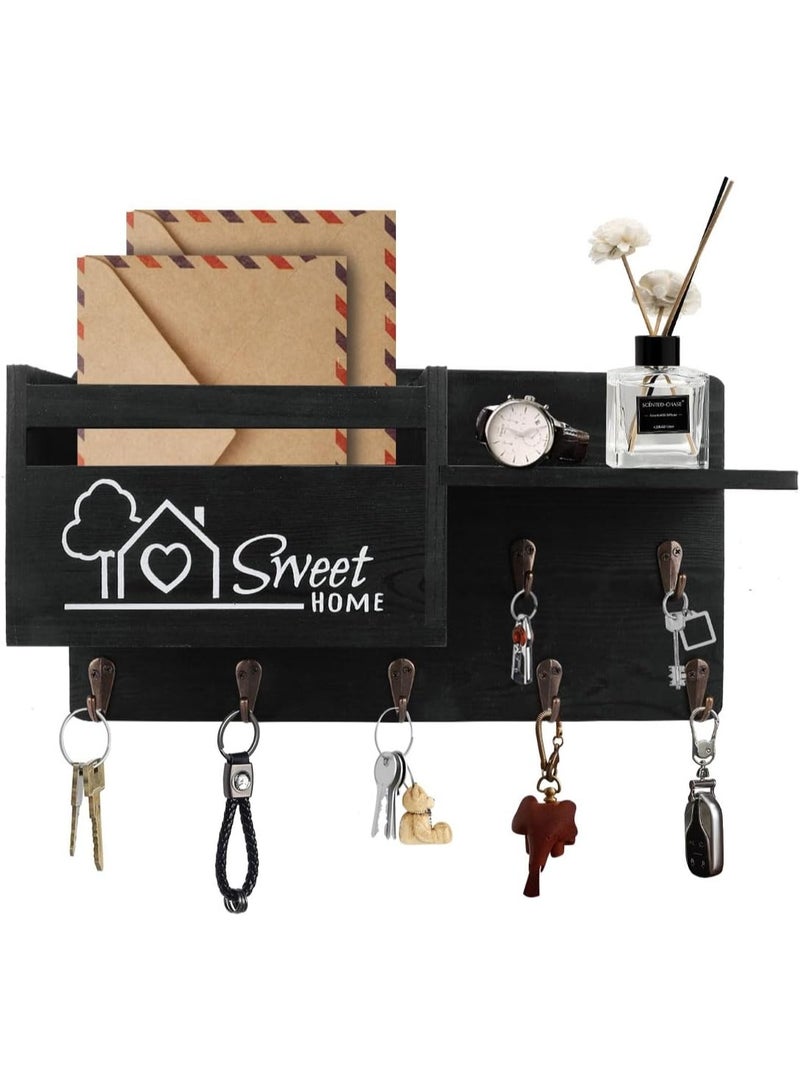 Gocokia Key Hanger Organizer, Mail and Key Holder for Wall Decorative, Wall Shelf with 7 Key Hooks, Wall Mounted Key Hangers with Mailbox, Home Decor (Black) - Image 1