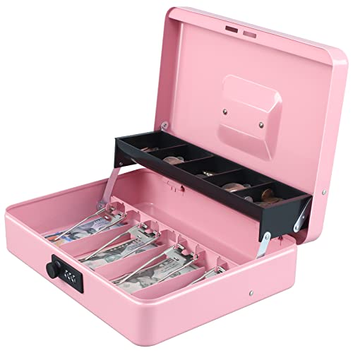 xydled Cash Box with Money Tray and Combination Lock,Tiered, Cantilever Design,4 Bill / 5 Coin Slots,11.8" x 9.5" x 3.5",Pink - Image 1