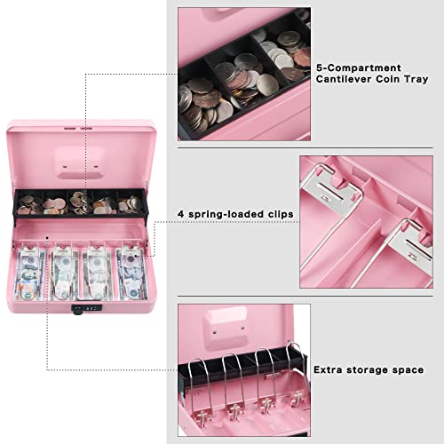 xydled Cash Box with Money Tray and Combination Lock,Tiered, Cantilever Design,4 Bill / 5 Coin Slots,11.8" x 9.5" x 3.5",Pink - Image 4