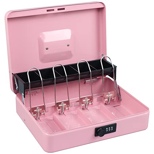xydled Cash Box with Money Tray and Combination Lock,Tiered, Cantilever Design,4 Bill / 5 Coin Slots,11.8" x 9.5" x 3.5",Pink - Image 2