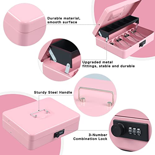 xydled Cash Box with Money Tray and Combination Lock,Tiered, Cantilever Design,4 Bill / 5 Coin Slots,11.8" x 9.5" x 3.5",Pink - Image 3
