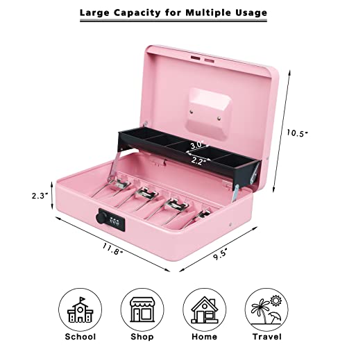 xydled Cash Box with Money Tray and Combination Lock,Tiered, Cantilever Design,4 Bill / 5 Coin Slots,11.8" x 9.5" x 3.5",Pink - Image 5