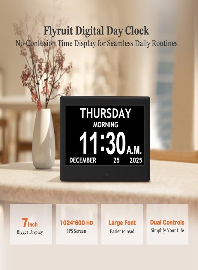 FLYRUIT 7'' Dementia Clock For Seniors, Large Display Digital Clock With Date, Time, Day Of Week for Elderly, Memory Loss, Alzheimer, 1024*600P HD, 10 Reminders & 6 Alarms, Auto Dimming & DST, Remote Control - Image 2