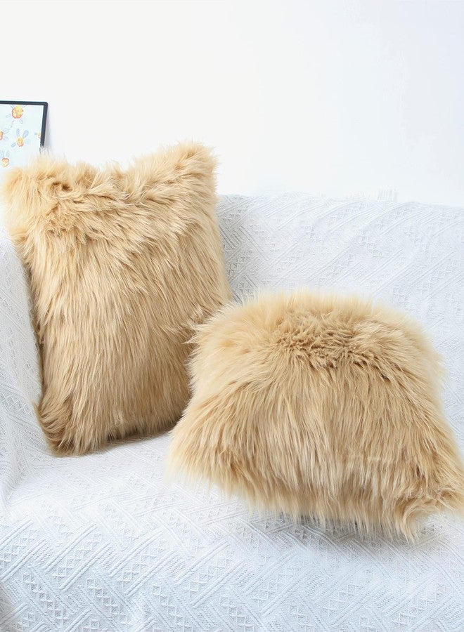 OYIMUA Fluffy Decorative Throw Pillow Covers 24x24, Faux Fur Farmhouse Luxury Pillow Cases ,Soft Plush Fuzzy Beige Cushion Covers for Sofa Couch Living Room Bedroom Set of 2 - Image 3