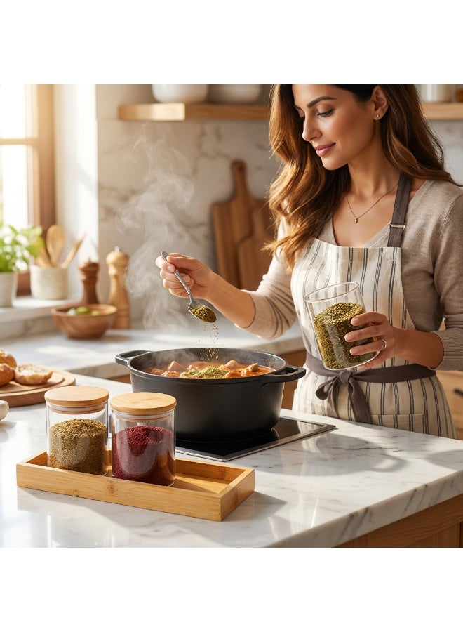 ياسمينةارا مجموعة من 3 برطمانات تخزين زجاجية مع أغطية محكمة الإغلاق من الخيزران وصينية، مجموعة تخزين علب قهوة زجاجية للمنزل والمكتب وسطح المطبخ - مجموعة تنظيم المؤن للقهوة والشاي والسكر والدقيق والتوابل والأطعمة الجافة، مجموعة حاويات تخزين زجاجية شفافة - Image 4