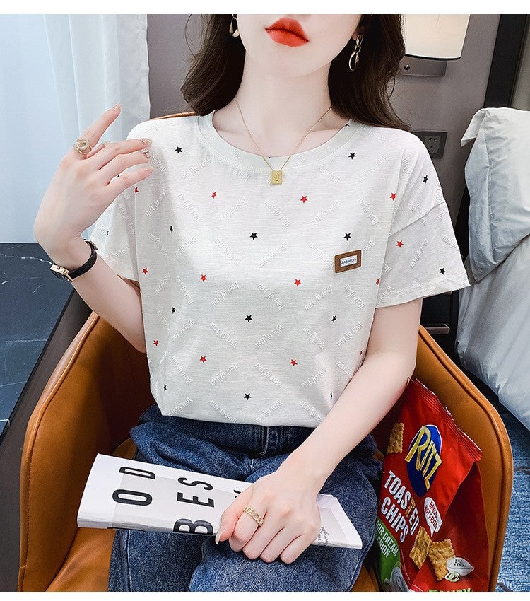 Plus Size Women'S Printed Women'S T-Shirt Short-Sleeved Korean Style 2025 Arrival Foaming Floral Loose All-Match Top - Image 1