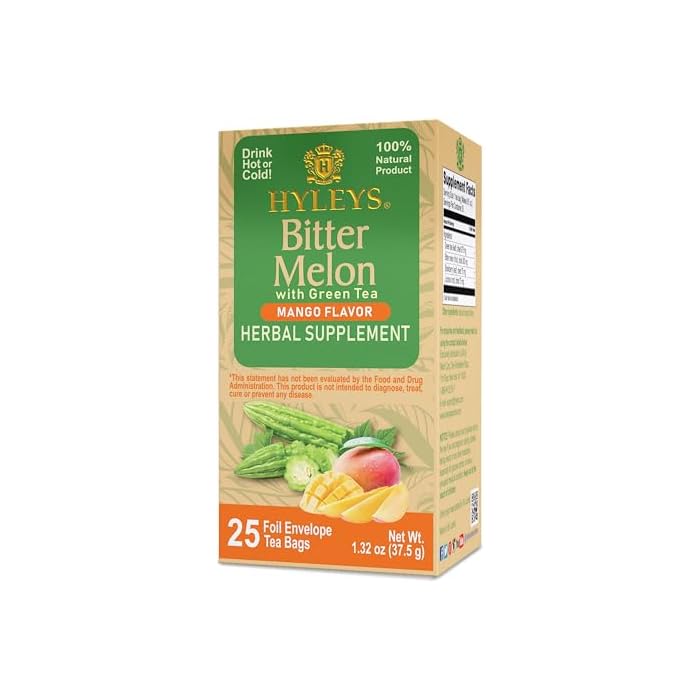 Hyleys Bitter Melon with Green Tea - Mango Flavor - 25 Tea Bags - Supports Healthy Liver Function - Herbal Supplement - (6 Pack - 150 Tea Bags Total) - Image 1