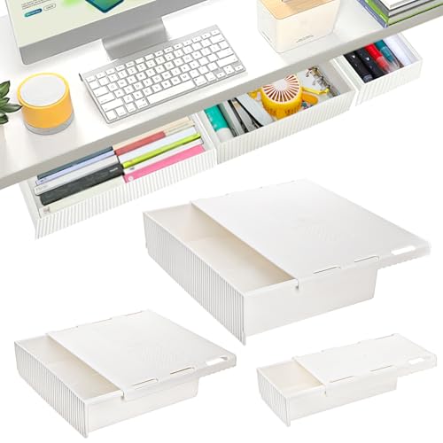 YOUEON 3 Pack Under Desk Drawer Slide Out SelfAdhesive Under Table Drawer Hidden Attachable Under Desk Storage Drawers Stick on Drawers for Office Home School White - Image 1