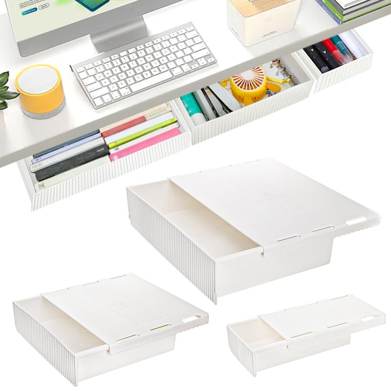 YOUEON 3 Pack Under Desk Drawer Slide Out SelfAdhesive Under Table Drawer Hidden Attachable Under Desk Storage Drawers Stick on Drawers for Office Home School White - Image 2